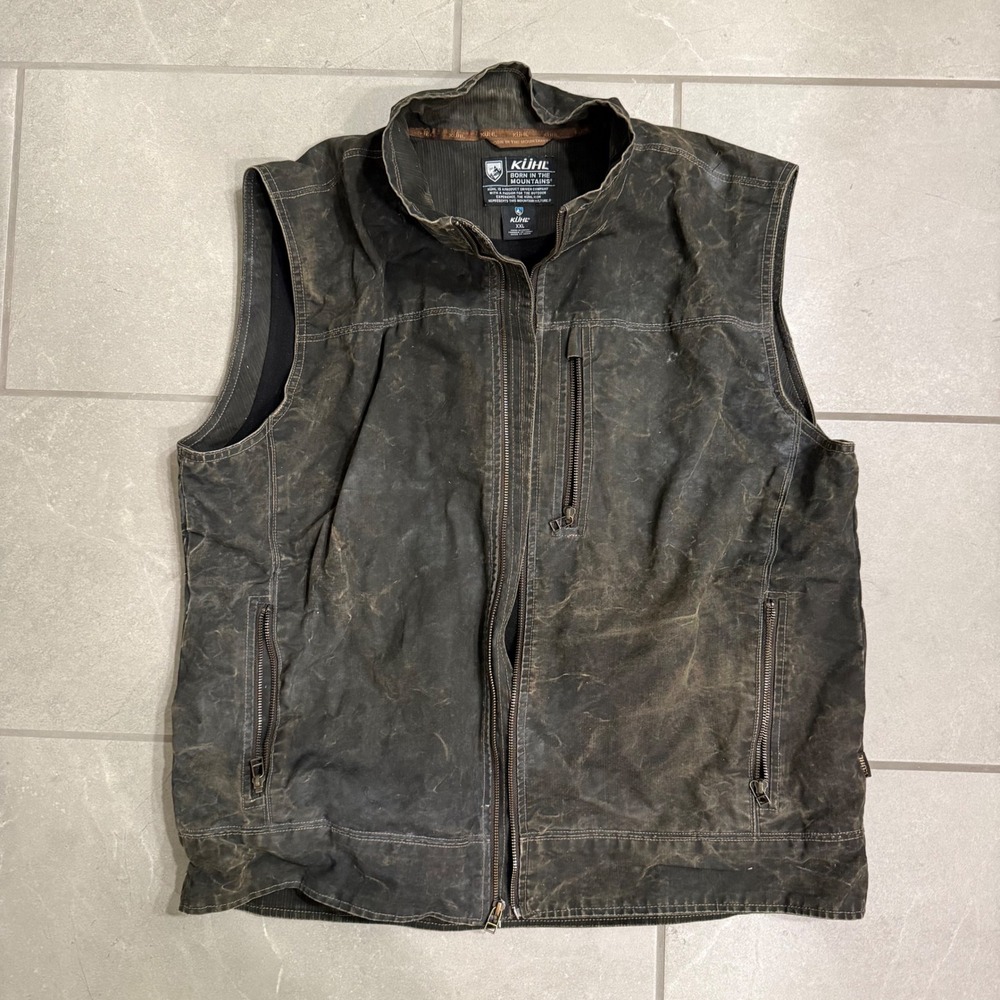 Vintage Kuhl Vest Mens XXL Brown Waxed Cotton Canvas Full Zip Fleece Lined